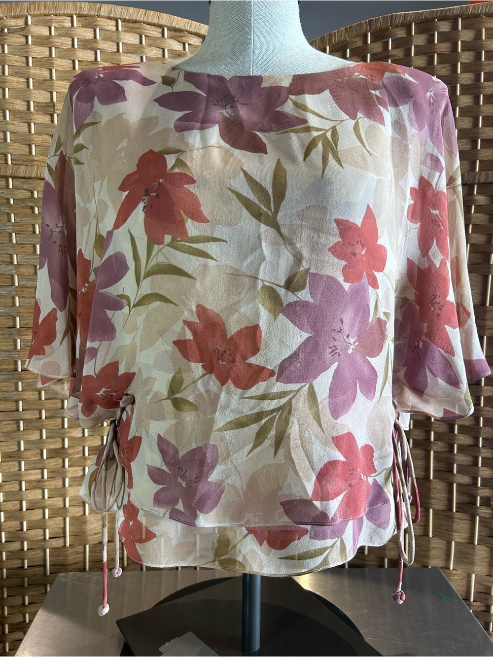 Adrianna Papell Silk Floral Tie Waist Layered Blouse 8 Whimsical